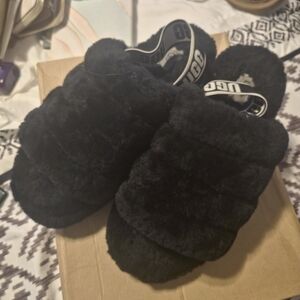 UGG Black Fluffy Slippers